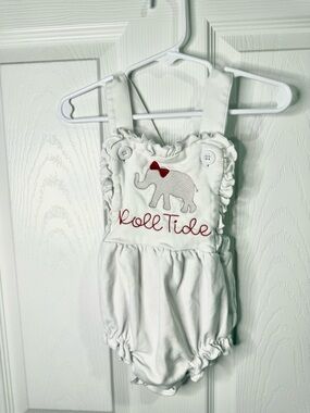 “Roll Tide” White Baby Romper with Embroidered Elephant and Red Script